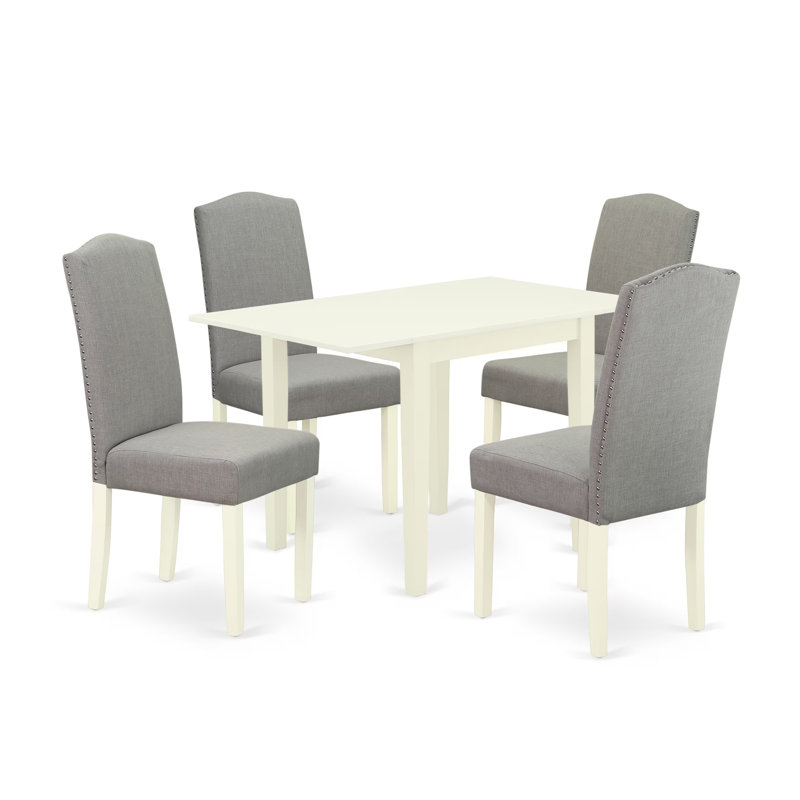 L'ensemble de table de salle à manger 5 pièces pour 4 personnes comprend une table de cuisine rectangulaire avec Dropleaf et 4 chaises rembourrées en lin Shitake foncé, 30 x 48 pouces, blanc lin