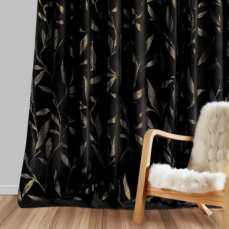  Vintage Velvet Curtains Leaf Patterned Gold Foil Printed Blackout Drapes for Living Room, Thermal Insulated Soft Luxury Home Decor for Bedroom, 2 Panels