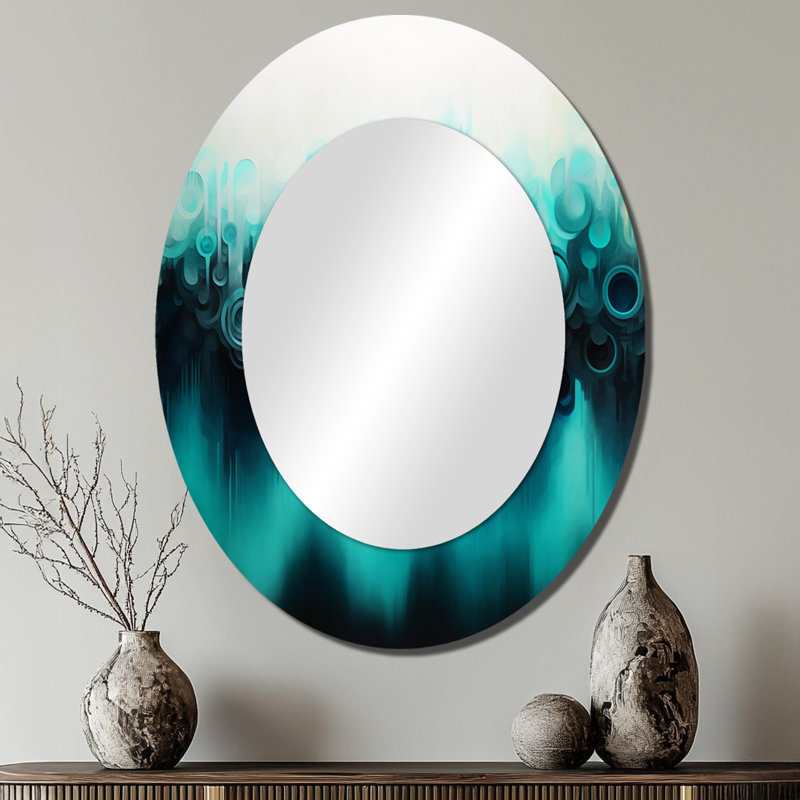 Bleu et noir ondulation abstraite Medley I - grand miroir mural ovale sur métal, 40 po x 30 po