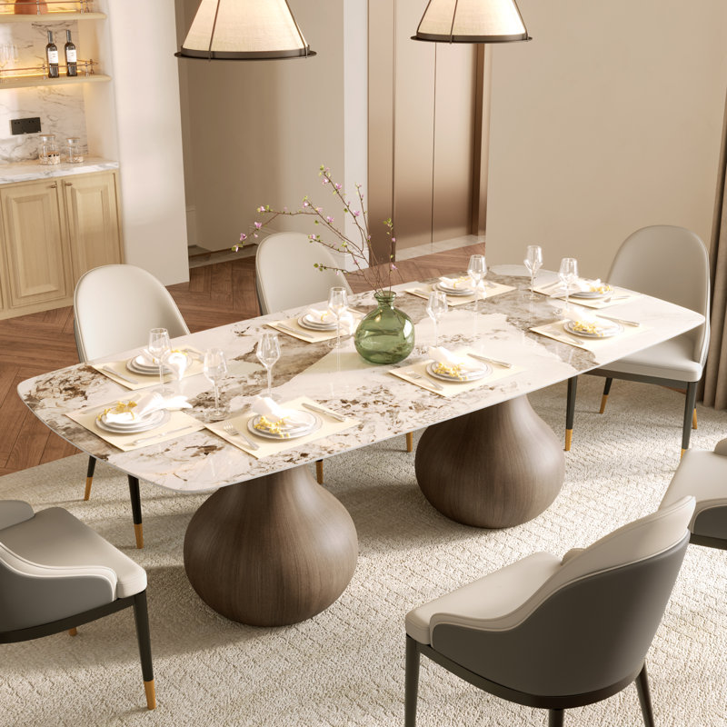 Modern 8/10/12 People Dining Room Set, Pre-Assembly Rectangular Dining Table, Sintered Stone Tabletop & Trestle Pedestal, Upholstered PU Leather Chairs