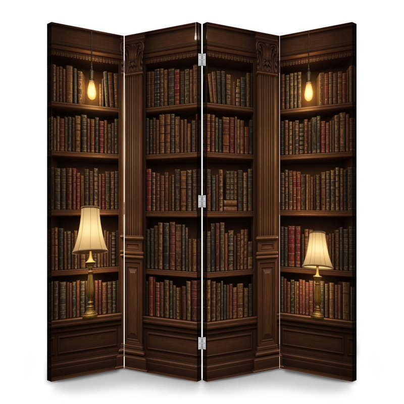4 panneaux de paravent pliant paravent Bibliothèque classique en bois Bibliothèque classique avec éclairage chaleureux Livres antiques avec rat de bibliothèque Toile séparateur de cloison de protection autoportant
