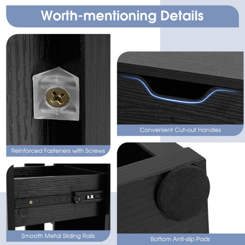 Étagère de rangement à 3 niveaux avec 3 tiroirs et tiroir en bois, Noir