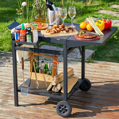 Saaba Outdoor Grill Cart Pizza Oven Trolley Stand Double Shelf Outdoor Worktable With 2 Wheels by Arlmont & Co.