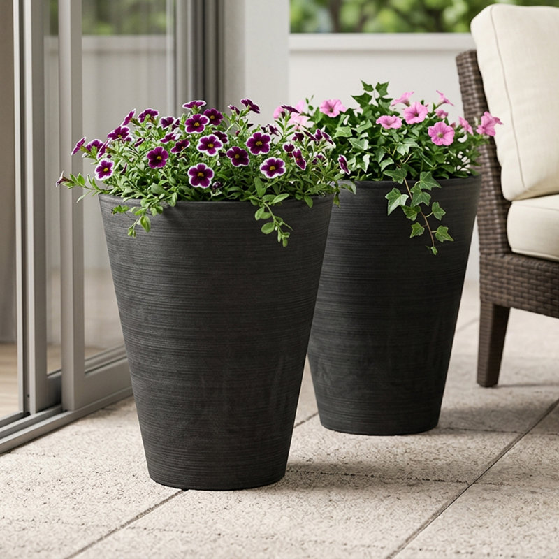Bayley 13" Round Tapered Planter, Set of 2, Black