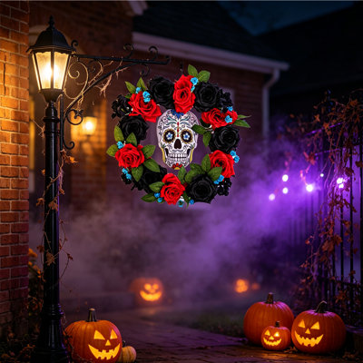 Couronne de crânes en sucre d'Halloween de 35 cm, couronne de roses artificielles rouges et noires pour le Jour des morts, décoration pour porte d'entrée, mur, fenêtre, porche ou maison.