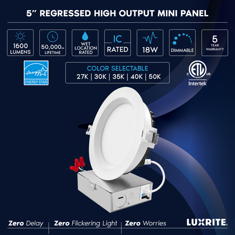 Luxrite 5" LED Recessed Ceiling Light J-Box 18W 5 Colour Selectable 1600LM Dimmable Wet Rated IC Rated ETL 4 Pack