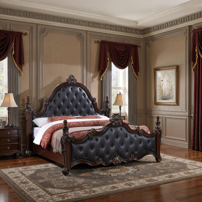 Grand lit Moni, revêtement classique capitonné à boutons noirs, bois brun cerise