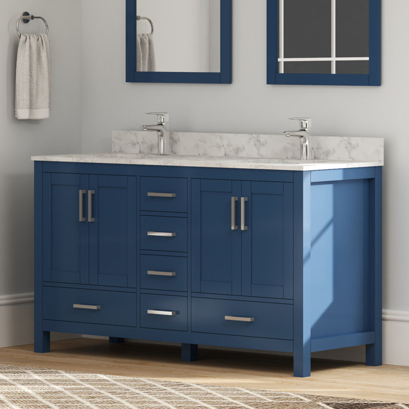 Lark Manor 60" Bathroom Vanity Cabinet Set with Granite Top, Solid Wood Cabinet With Double Sink Blue