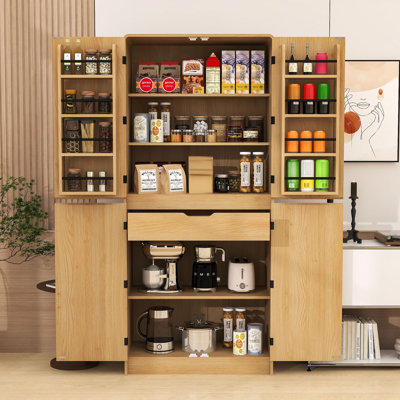 Tall Kitchen Pantry Cabinet with Curved Design, 8 Door Shelves, Adjustable Shelves and Hidden Drawer by Lark Manor
