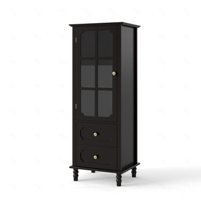 Armoire de rangement haute noire avec porte vitrée et 2 tiroirs, buffet autoportant étroit avec tablettes réglables, armoire de rangement rétro Farmhouse pour salle à manger, salon, salle de bain