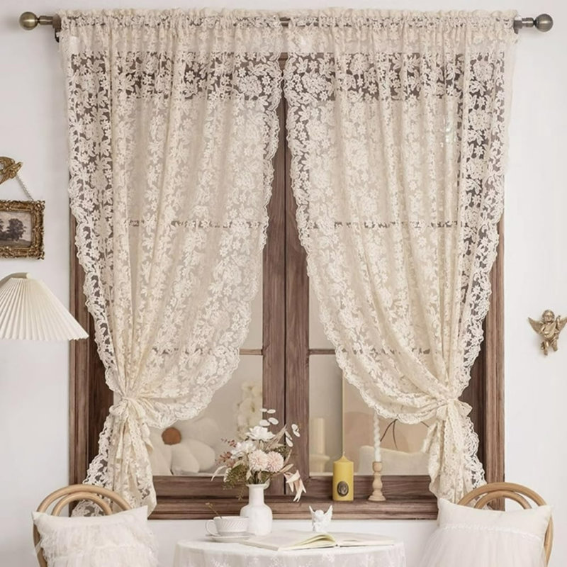 Vintage Floral Embroidered Lace Sheer Curtains, Rod Pocket Scalloped Edge Ivory Drapes For French Country Cottage, Farmhouse, Bedroom & Kitchen, Set Of 2