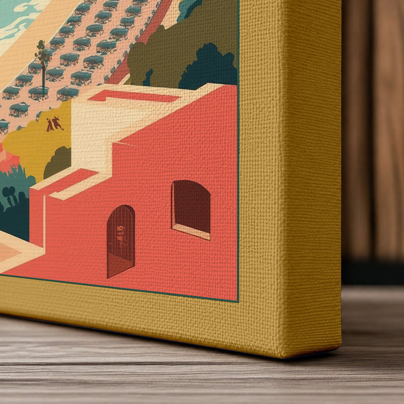 Mediterranean Beach Town Coastal - Wrapped Canvas, 18x12 - 45.7 x 30.5 cm, Ochre Border