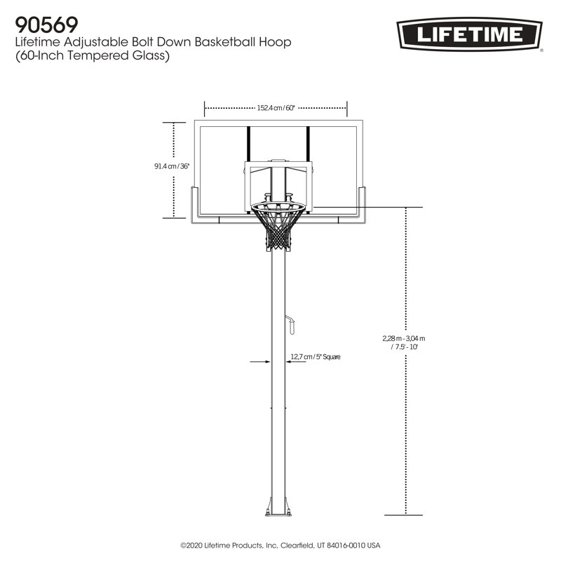 Lifetime Height Adjustable Bolt Down Basketball Hoop (54" Tempered Glass Backboard), 148" x 60" x 67"