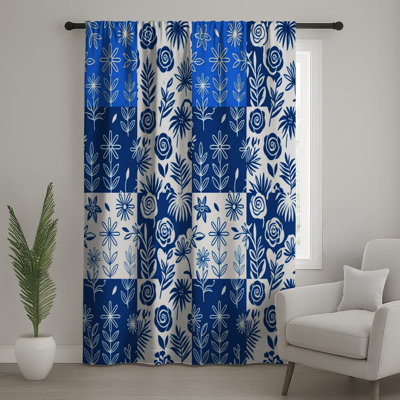 Blue  Floral Pattern Window Curtains, Floral Sheer  Curtains - 1 Panel