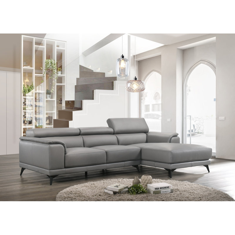 Mahowny 106" Wide Genuine Leather Sofa & Chaise, Right Hand Facing, Smooky Gray Genuine Leather
