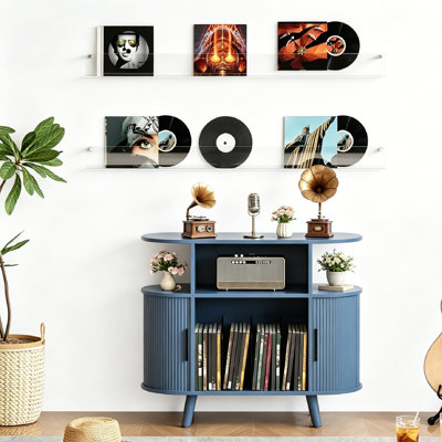 Cabinet de tourne-disque rond cannelé de 35 po de style Mid-Century moderne, grand support de tourne-disque rond avec station de charge et tablette de présentation, table de tourne-disque en bois arquée pour le salon.