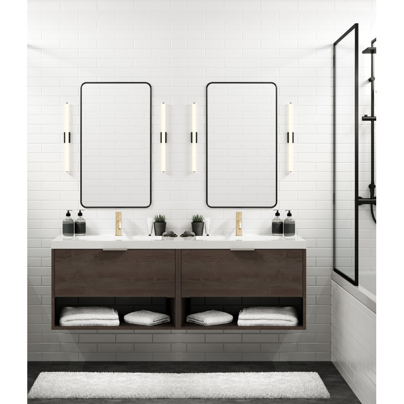 Modo 60" W Wall Mounted Double Bathroom Vanity, Matte White/8" Widespread, Satin Brass, White Acrylic