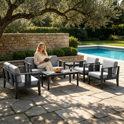 Junco Teak Outdoor Six-person Patio Set With Cushions And Two Tables