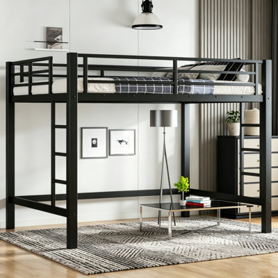 Heavy Duty Metal Loft Bed,  Loft Bed With Desk And Full Safety Guardrails, Elevated Bed Frame With Integrated Ladder, Space-Saving Design For Bedroom, Dorm, Home Office, No Box Spring Needed(Black/White)