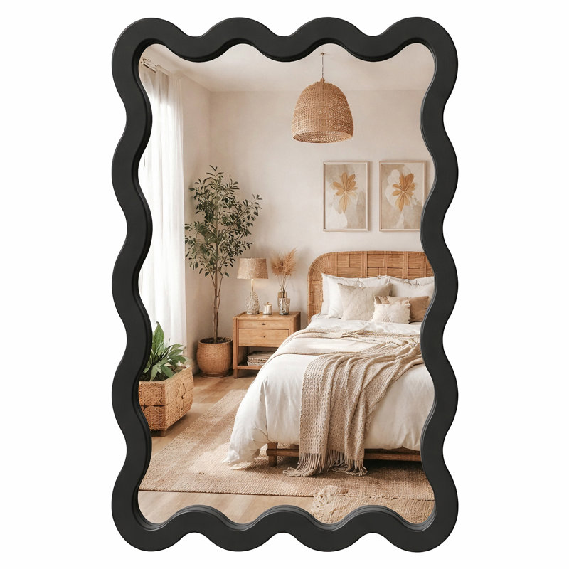 Modern Wavy Solid Wood Framed Wall Mirror for Bedroom, Entryway and Vanity, Matte Black, 30" x 22"