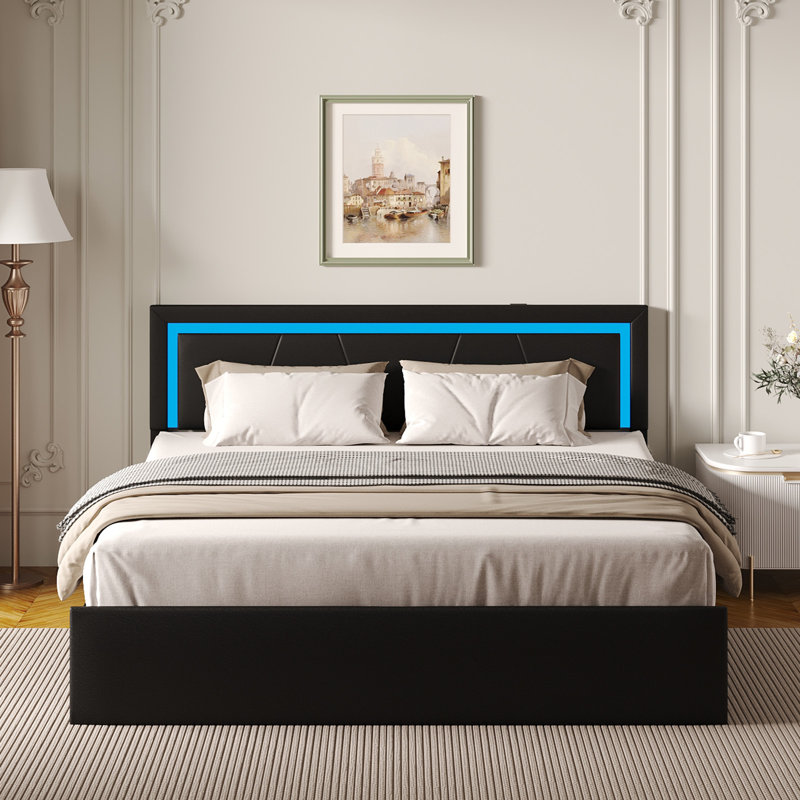 Queen Bed Frame With 4 Storage Drawers, Led Lights And Usb Ports, Upholstered Platform Bed Solid Wooden Slats Support, Black