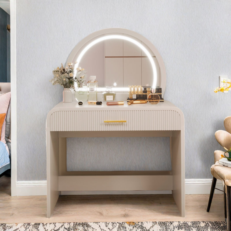 Makeup Vanity Table With Touch Screen Lighted Mirror, Dressing Table With A Drawer And Curved Edges