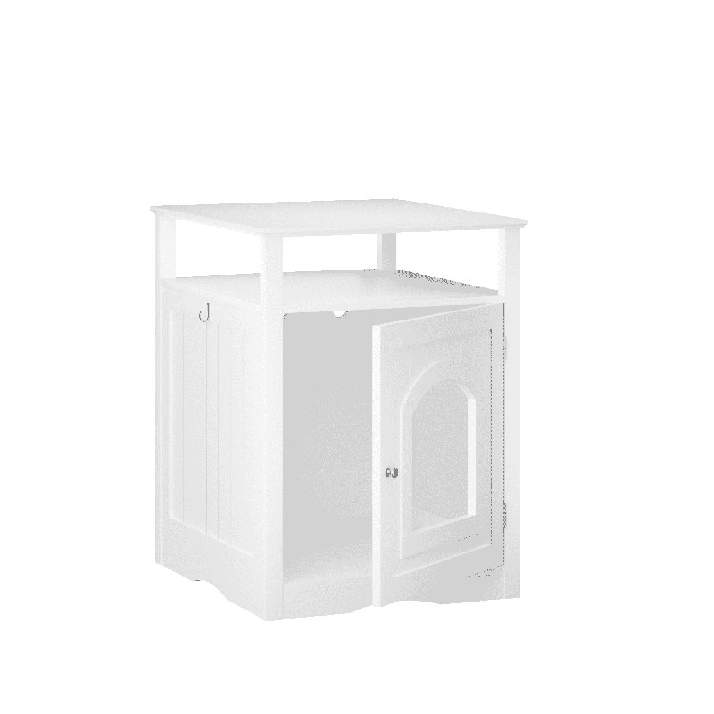Enceinte moderne blanche pour litière pour chat, chatière d'intérieur en bois avec armoire fermée et tablette de rangement, meubles cachés pour litière comme table d'appoint de salon ou de chambre à coucher