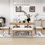 Stanely 6-Piece Extendable Dining Table with Footrest, 4 Linen Upholstered Dining Chairs and Bench