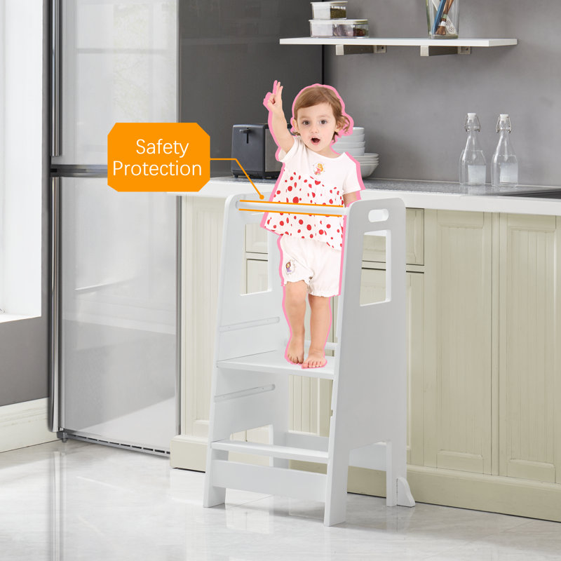 White Adjustable Wooden Toddler Step Stool with Safety Rails