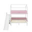 Lit superposé avec glissière et escalier de rangement, lit superposé en bois, cadre en forme de maison avec garde-corps et tablettes-267572378