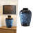 26In Farmhouse Ceramic Table Lamp, Rustic Navy Blue Bedside Lamp With Black Linen Shade For Bedroom Living Room Office Nightstand
