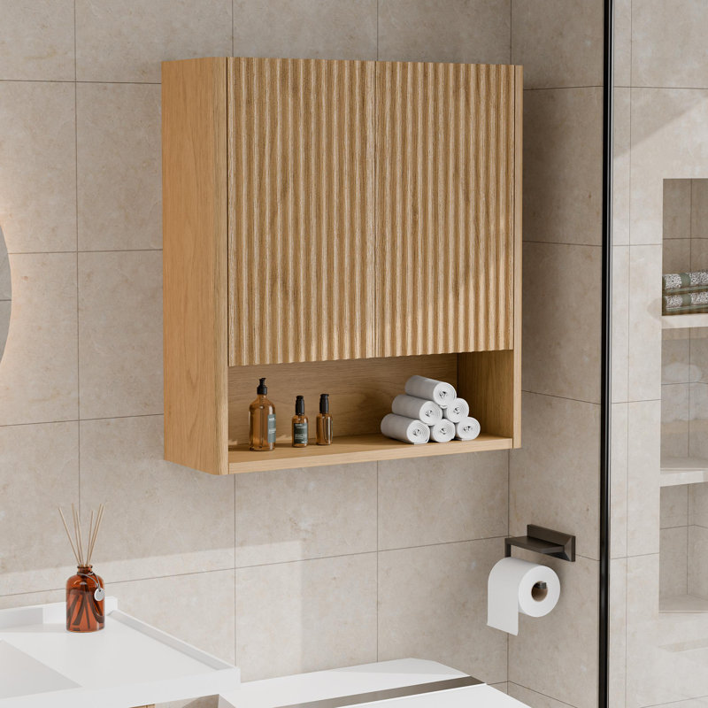 Armoire de rangement de salle de bain murale 26 po x H 29,5 po avec portes rayées en bois massif, Chêne