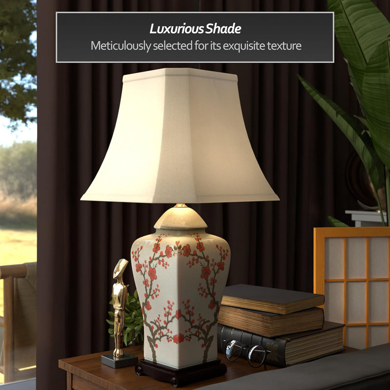 Hand-Painted Cherry Blossom Porcelain Table Lamp With Square Bell Shade And UL-Approved Wiring