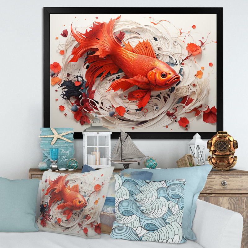 Kois rouge et gris nageant avec sérénité sur toile, Cadre simple noir, H 34 po x l 44 po x P 1,5 po
