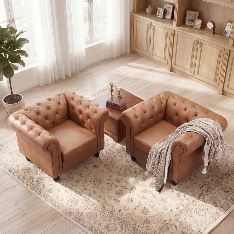 Fynlie Tufted Faux Leather Chesterfield Accent Chairs Mid Century Modern Armchair Set of 2, Brown Faux Leather