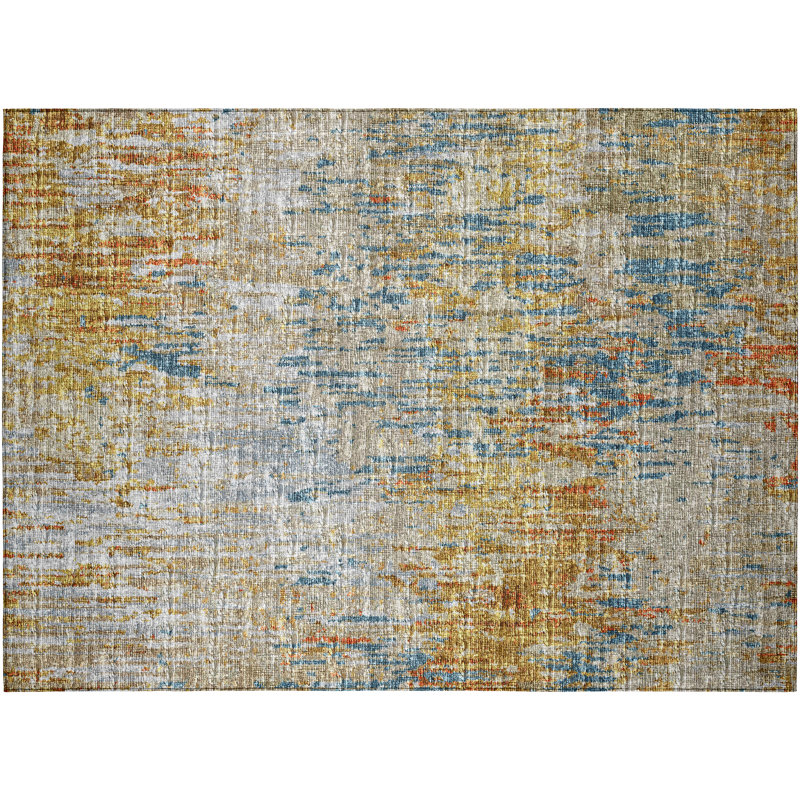 Tapis intérieur / extérieur abstrait en polyester tissé à la machine à motif abstrait or / bleu / gris 1 pi 8 po x 2 pi 6 po Abstract