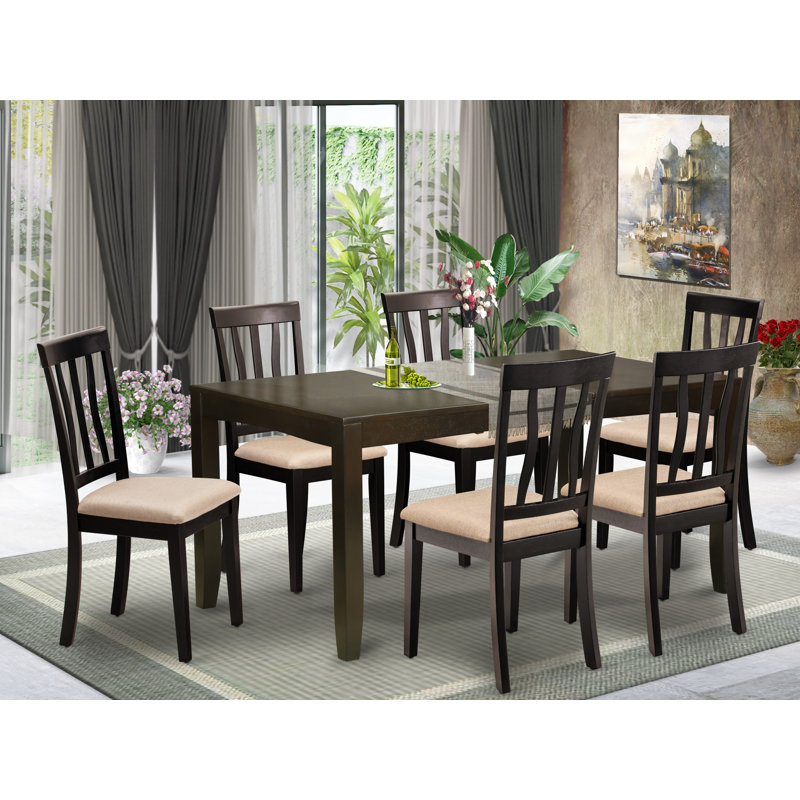 7 Piece Dining Table Set Consist of a Rectangle Dinner Table with Butterfly Leaf and 6 Linen Fabric Dining Room Chairs, Cappuccino
