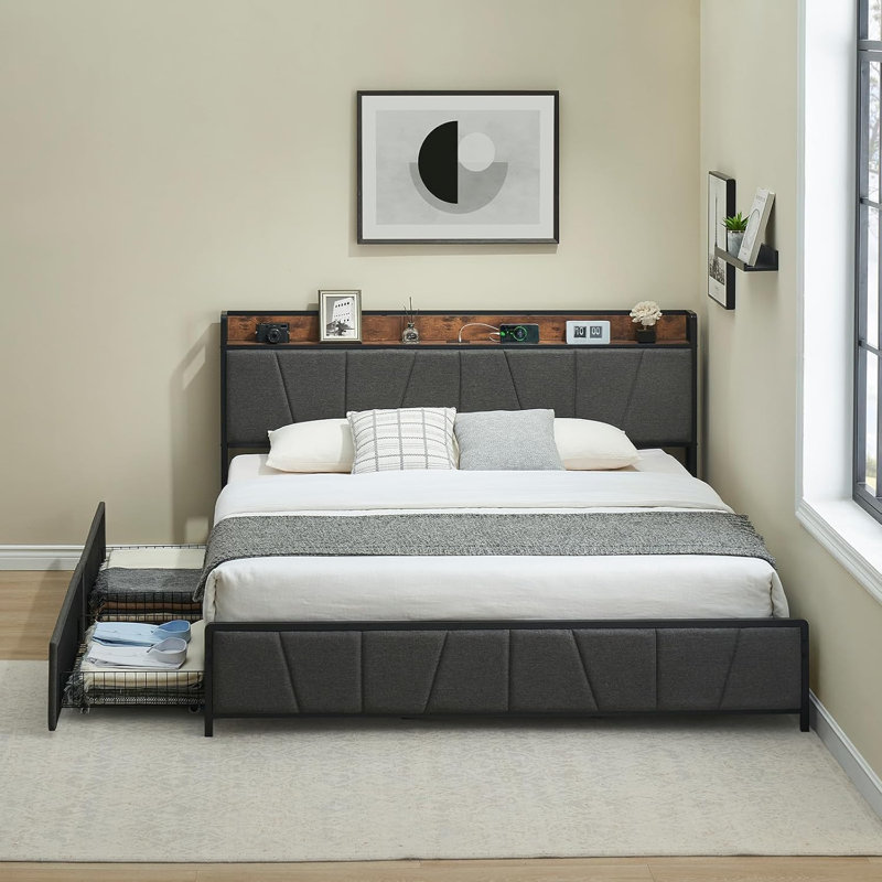 King Upholstered Bed Frame with 2 Drawers & Charging Station, Grey, King