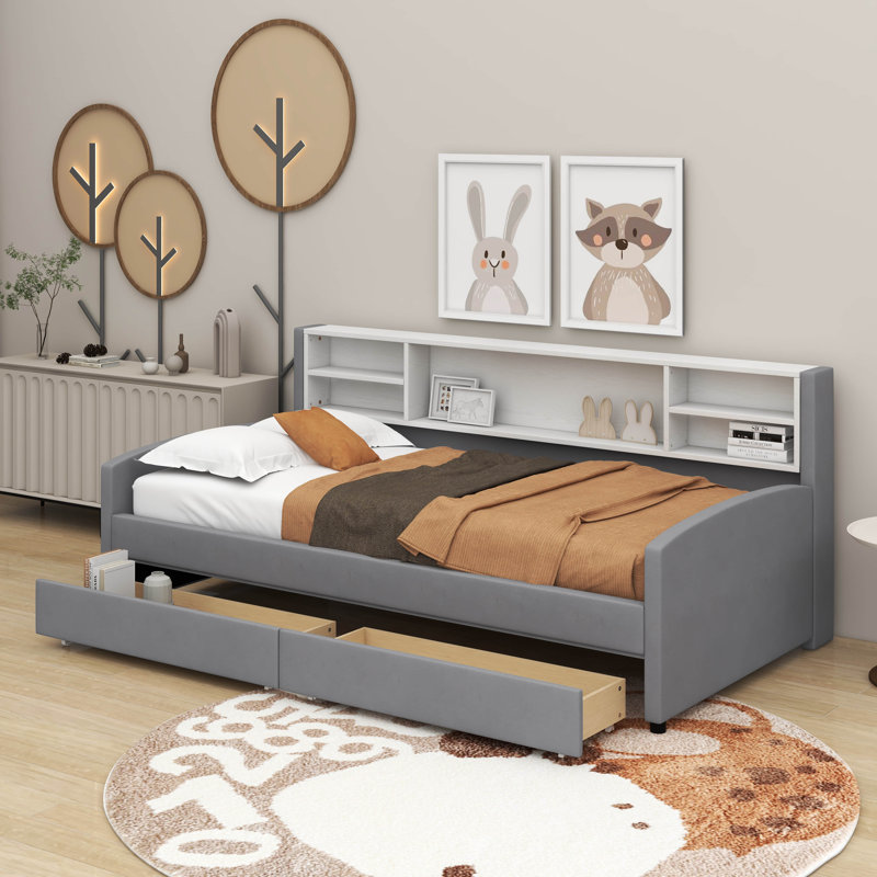 Lit plateforme simple tapissier avec tiroirs, Gris