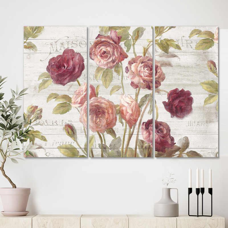 Ensemble d'art mural rose sur toile, décor botanique de ferme française - Roses françaises I, H 28 po x l 36 po x P 1 po