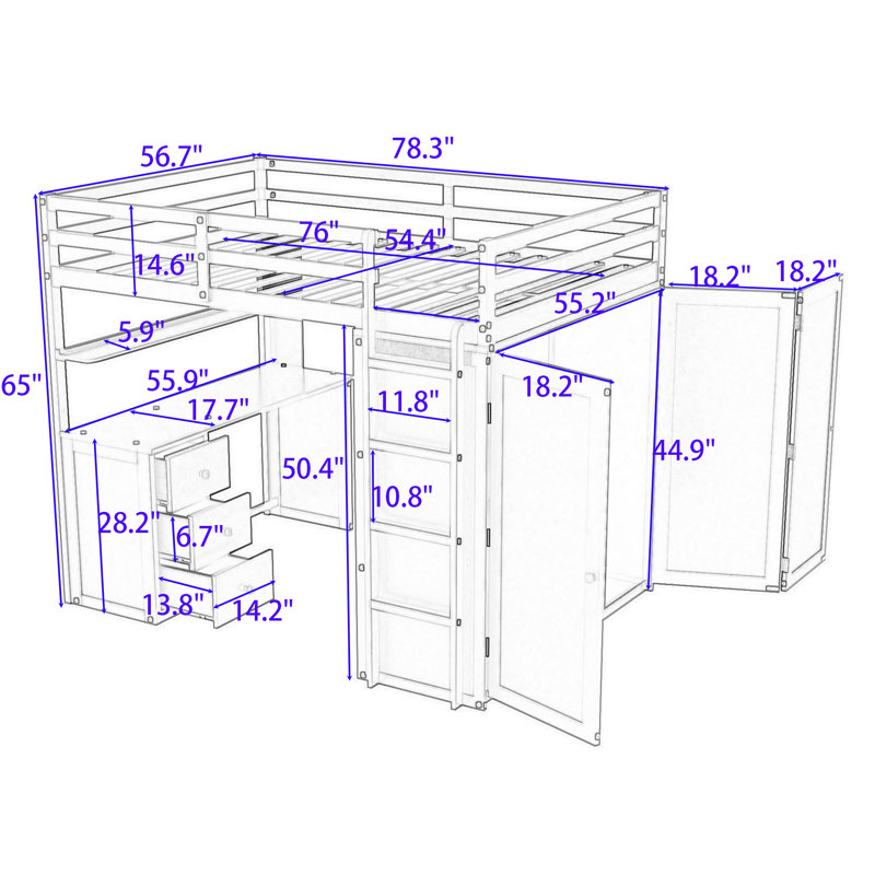Keisler Full Size Wood Loft Bed with 3 Drawers, Desk and Wardrobe, Espresso