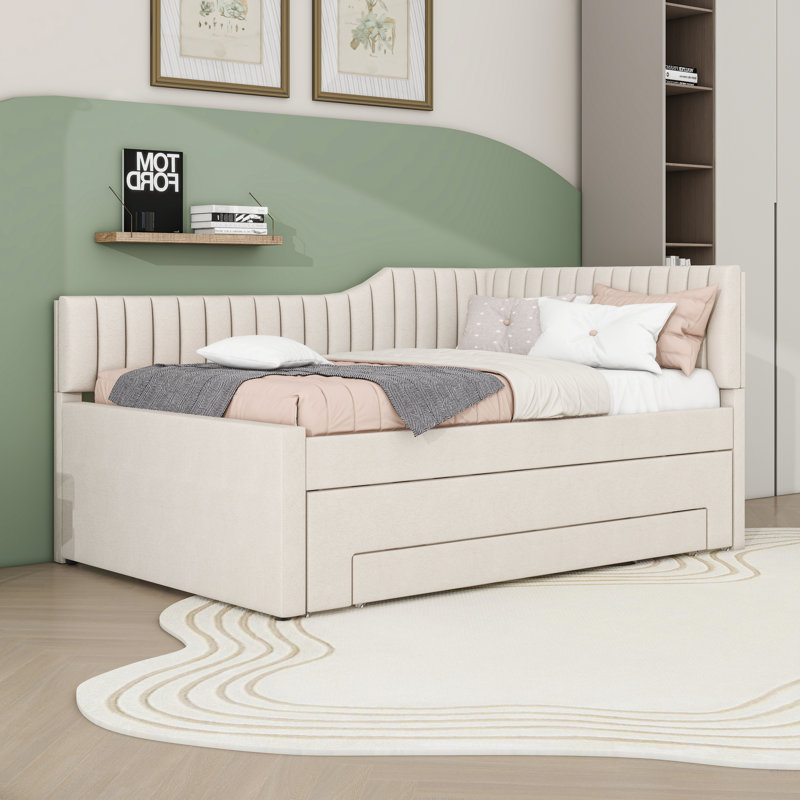 Lit de jour multifonctionnel en lin avec gigogne et tiroirs, Beige, Complet/Double