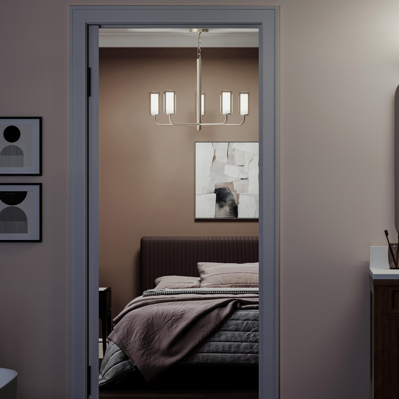 Lustre en nickel brossé à 5 lumières avec abat-jours en verre Mack, Nickel brossé, 5