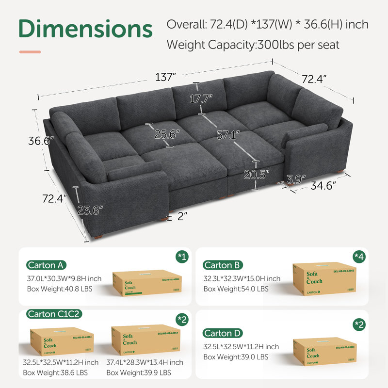 Abramson U-Shaped Chenille Modular Sleeper Cloud Sofa, Gray Chenille
