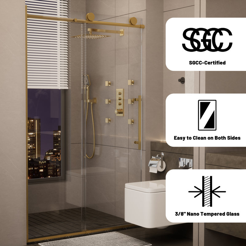 Brushed Gold Frameless Sliding Shower Door with Clear Tempered Glass, 48" x 76"