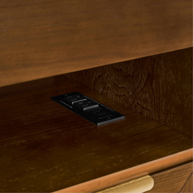 Side Cabinet For Dorm With Charging Station And 2 Drawers, Walnut Color, Waterproof Mid Century Modern Nightstand Elegant Wood Grain, 23.51 In Depth