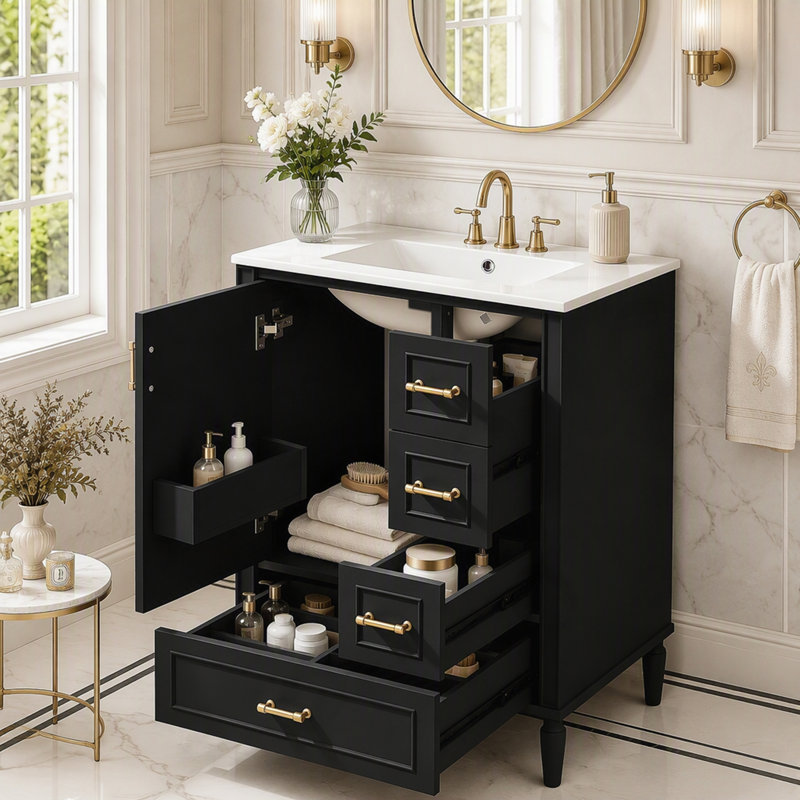 Meuble-lavabo avec lavabo en céramique et tablette fixée à la porte, Black