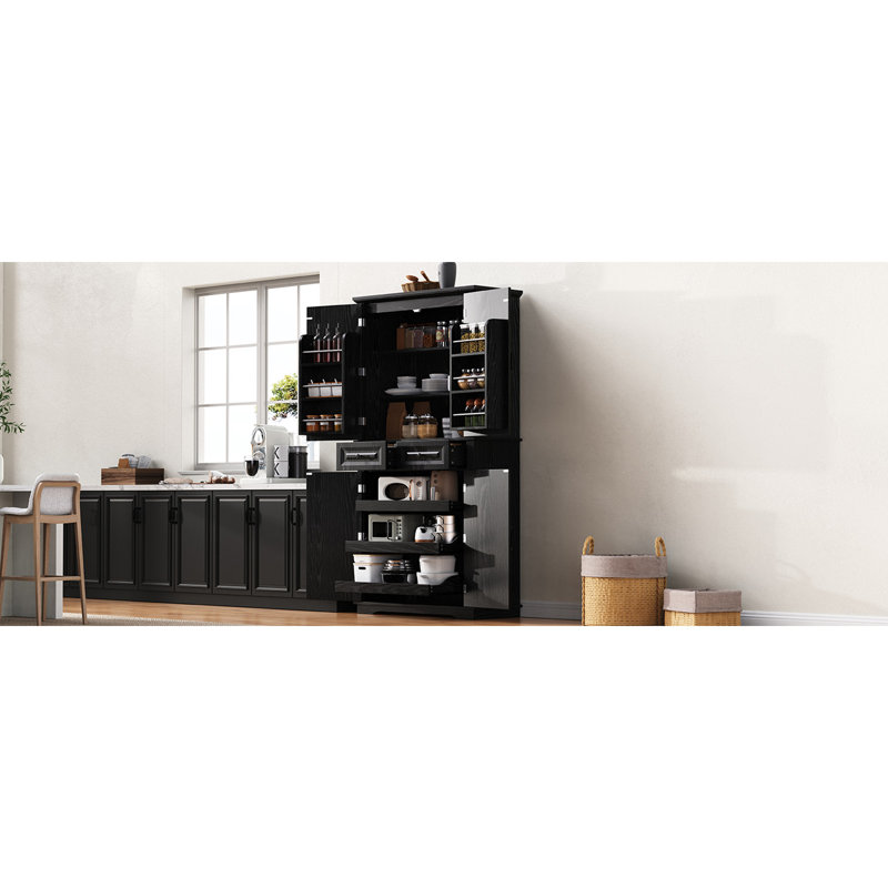 Armoire garde-manger Farmhouse avec organisateurs coulissants, 6 tablettes de porte, 2 tiroirs, Noir