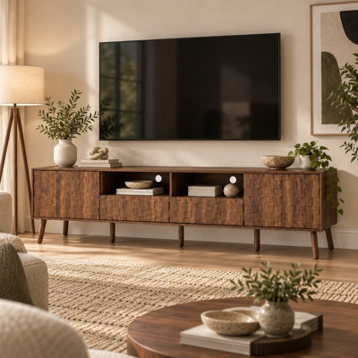 Meuble télé en bois de 78 pouces avec portes cannelées et système de gestion des câbles