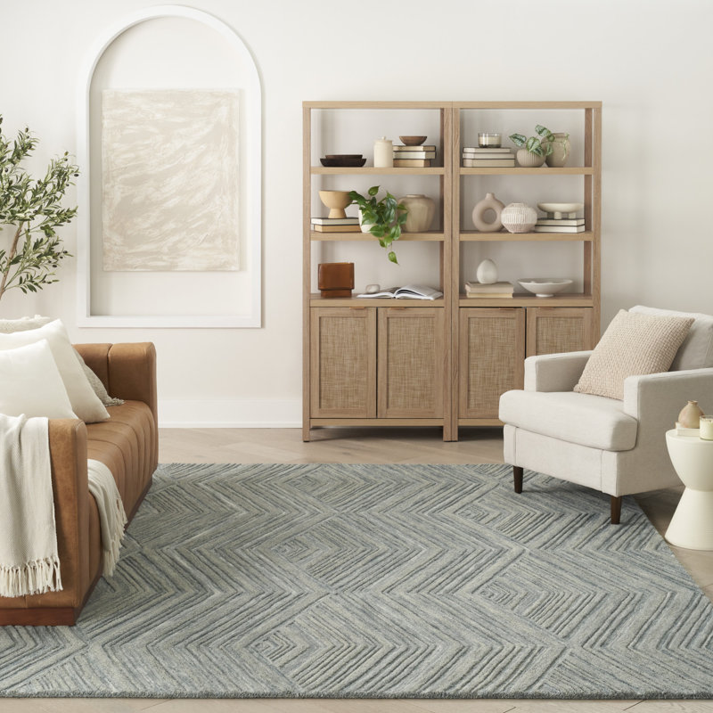 Ebern Designs Atyana Blue Modern Indoor Wool Rug, Rectangle 5'3" x 7'3"